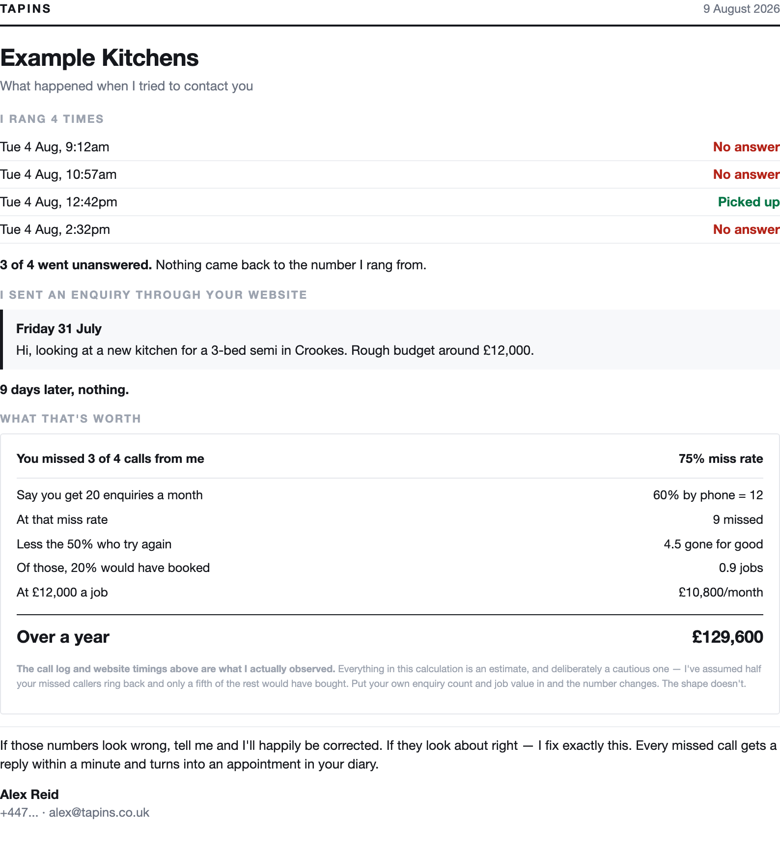Example one-page report: a timestamped log of four calls, the website enquiry, and what it's costing